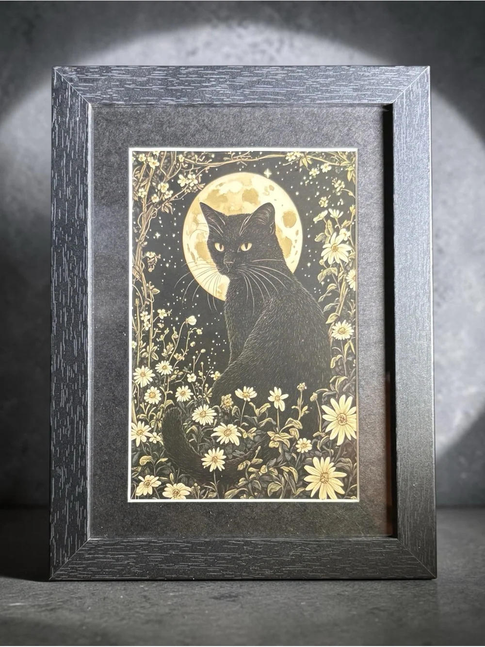 Black Cat Full Moon Floral Art Print 5x7 Framed Celestial Gothic Decor